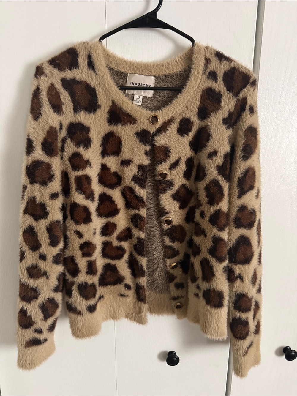 INDUSTRY Leopard Print Fuzzy Button Cardigan - Beige & Brown Sz L